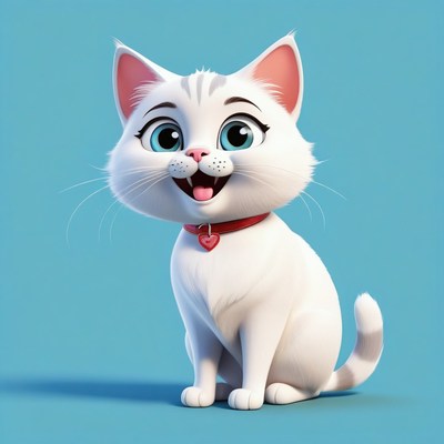 White cat sitting against blue background