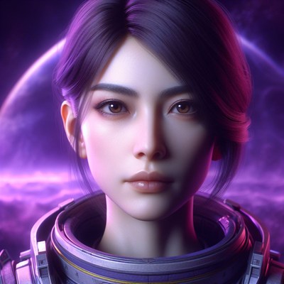 Woman in space suit with purple background