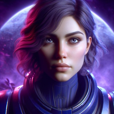 Woman in blue armor under moonlit sky