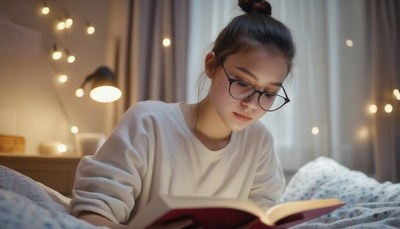 Woman reading in bed at night