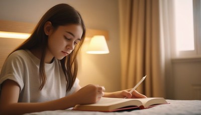 Girl reading book in bedroom