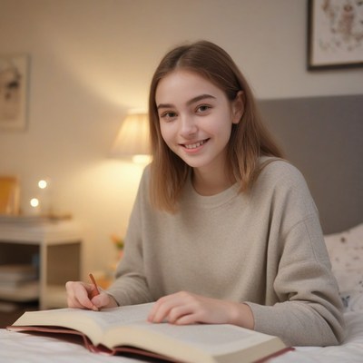 Young woman reading in bed at night