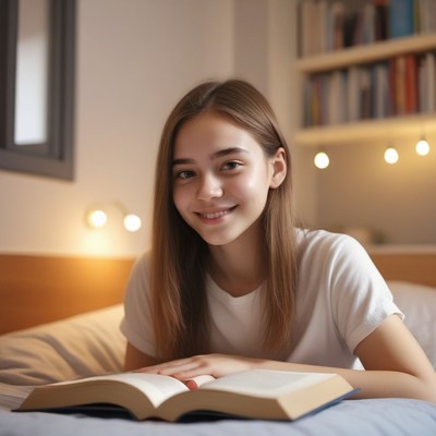 Woman reading book on bed at night