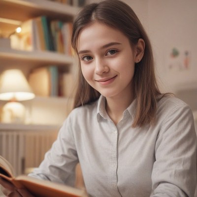 Woman reading book in home library