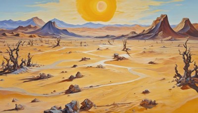 Arid desert landscape with dried riverbed