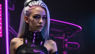 Woman with neon hair poses in purple lighting
