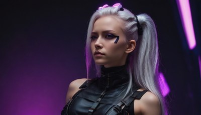 Woman with white hair posing in purple light
