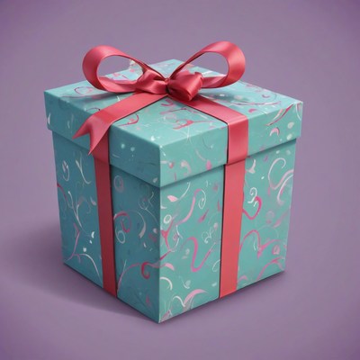 Teal gift box with red ribbon