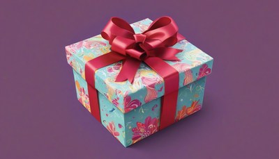 Gift box with red ribbon and floral pattern