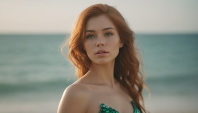 Redhead woman on beach at sunset