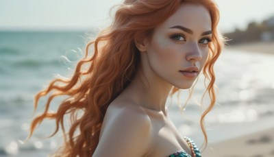 Redhead woman posing on beach