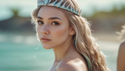 Woman with seashell crown by the water