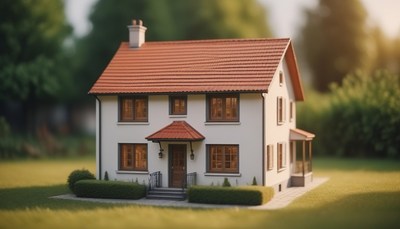 White house with red roof in green grass