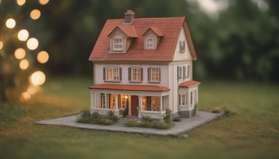 Miniature house with lights on at dusk