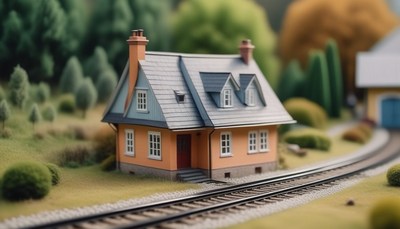 Miniature house near railroad tracks