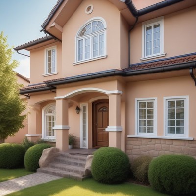 Beige house with front porch and landscaping