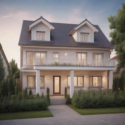 Two-story house with porch at dusk