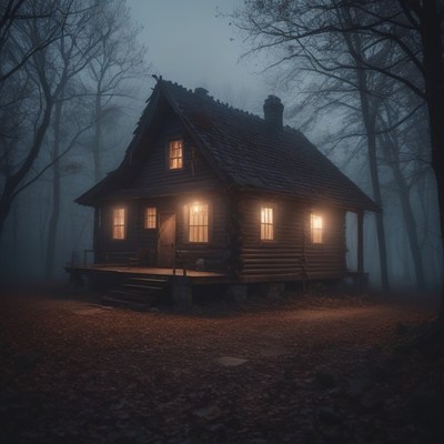 Cabin in foggy forest at night