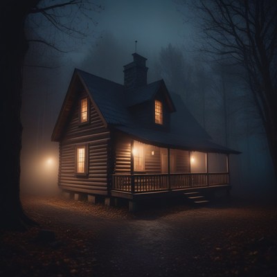 Foggy night cabin