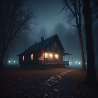 Cabin in the fog at night