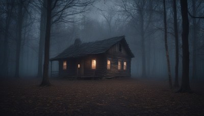 Cabin in foggy forest at night