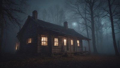Cabin in a foggy forest at night