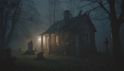Nighttime view of a graveyard