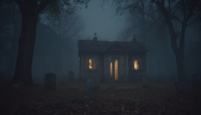 Foggy night at a rural cemetery