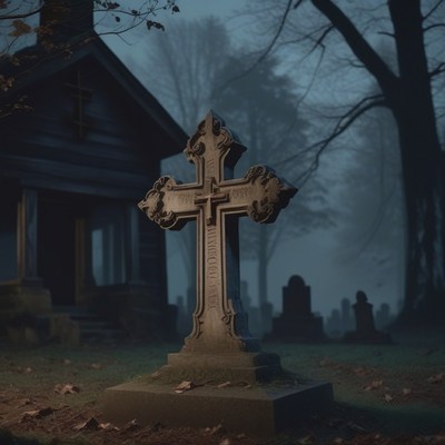 Stone cross in foggy cemetery