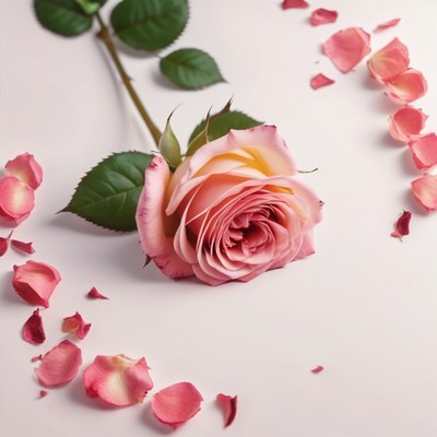 Pink rose with petals on white background