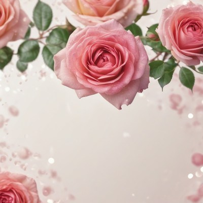 Pink roses falling on white background