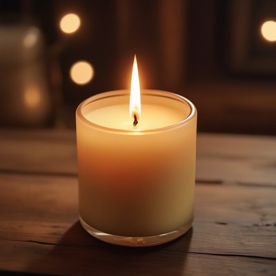 Burning candle on wooden table
