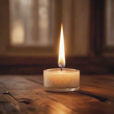 Candle burning on wooden table