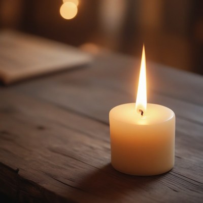 Candle burning on wooden table