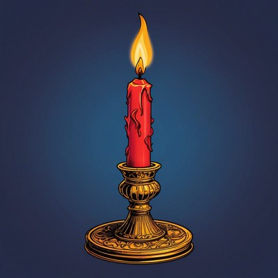 Burning red candle on gold candlestick