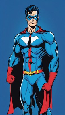 Muscular superhero in blue suit