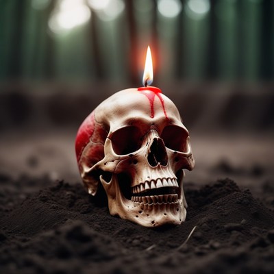 Burning skull in forest