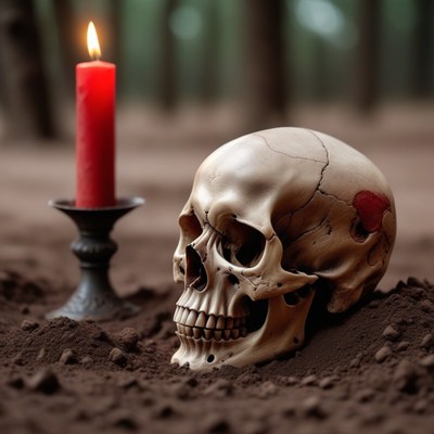 Skull and candle in the woods