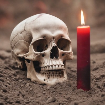 Human skull and burning candle