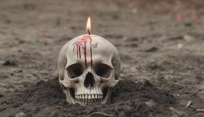 Human skull with candle in dirt