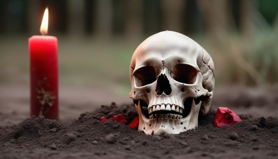 Skull and candle in dirt