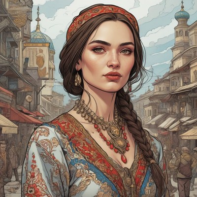 Woman in traditional dress in city market