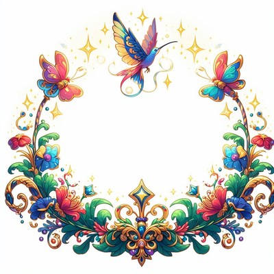 Floral wreath with hummingbird and butterflies