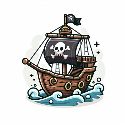Cartoon pirate ship sailing on waves