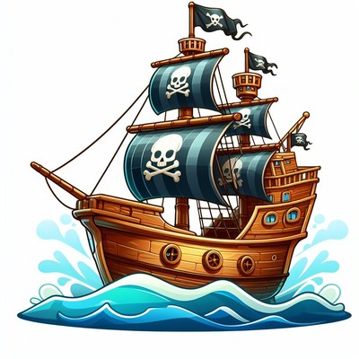 Pirate ship sailing on waves
