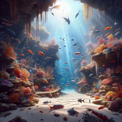 Underwater cave with fish and coral
