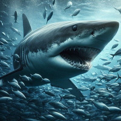 Great white shark hunting fish