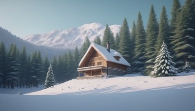 Snowy cabin in mountain forest