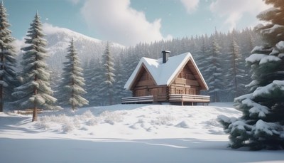 Winter cabin in snowy forest