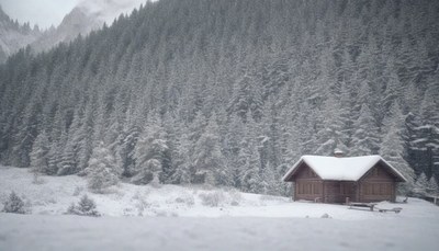 Snowy cabin in the forest